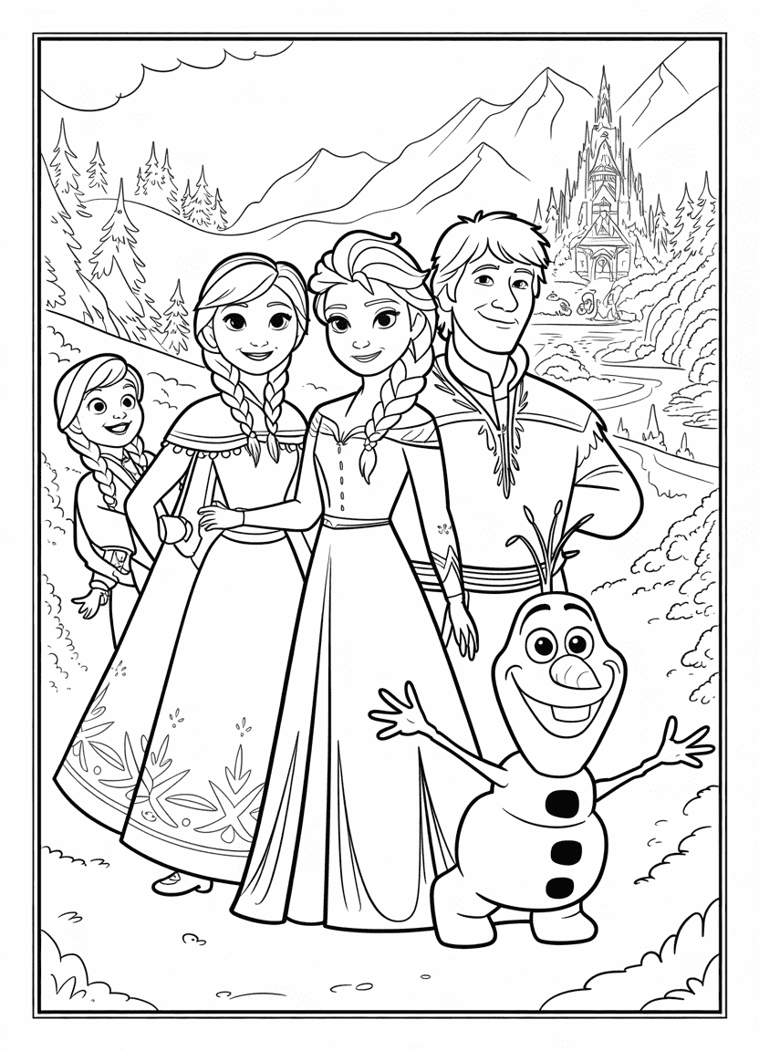 elsa coloring pages featuring a group portrait of Elsa, Anna, Kristoff, Olaf, and Sven in the snow