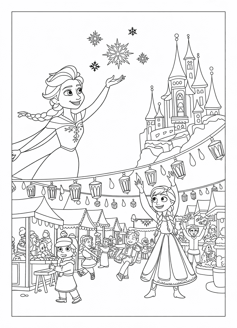 elsa coloring pages of Elsa and Anna decorating Arendelle’s streets with snowflakes and winter garlands