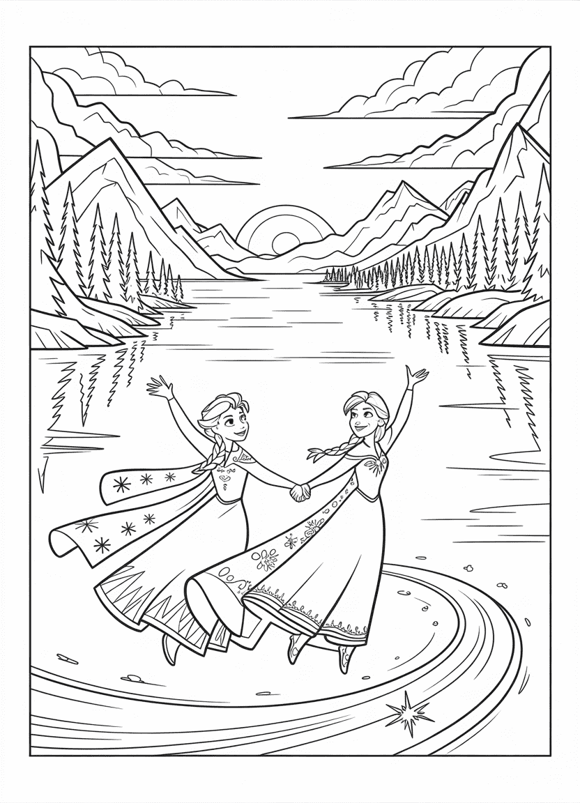 elsa coloring pages of Elsa and Anna ice skating together on a frozen lake under a colorful sunset