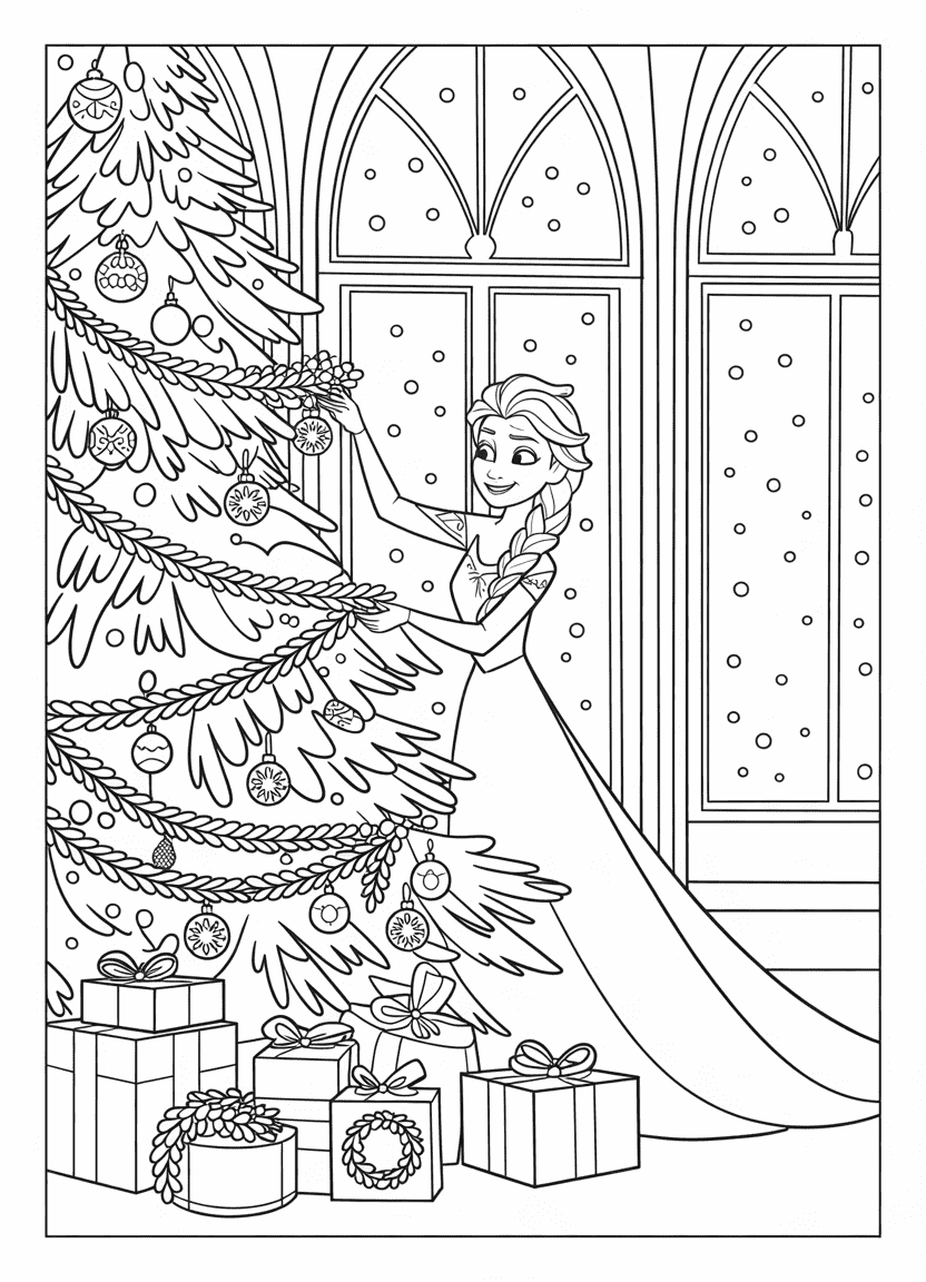 elsa coloring pages of Elsa decorating a sparkling Christmas tree inside Arendelle castle