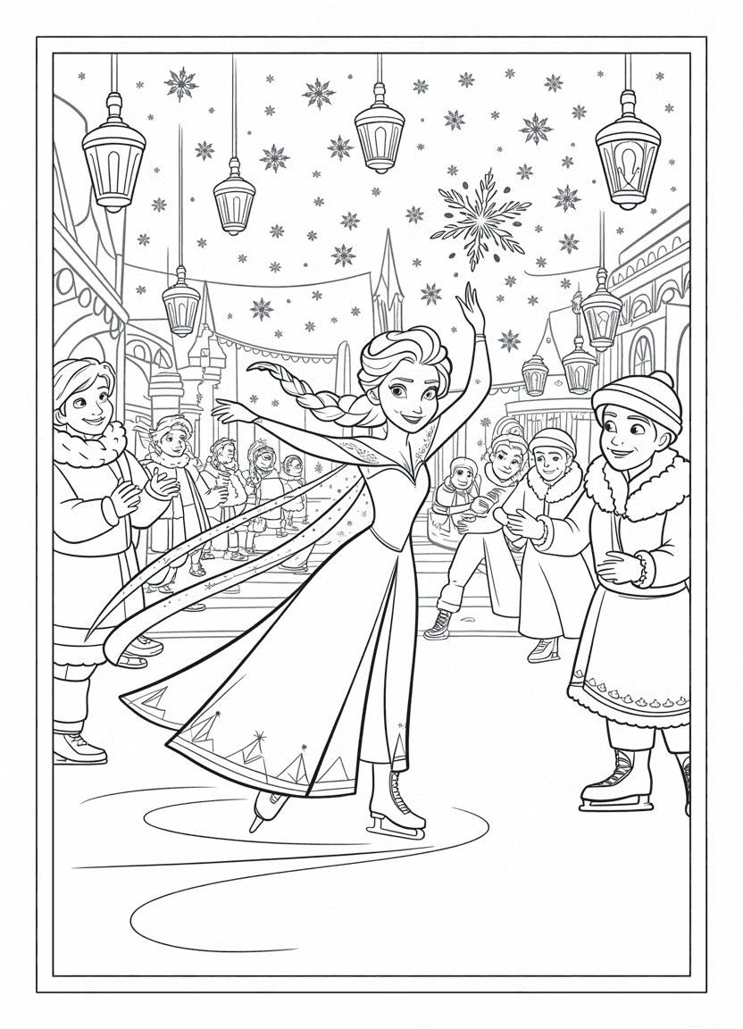  elsa coloring pages of Elsa ice skating at night during a magical winter festival