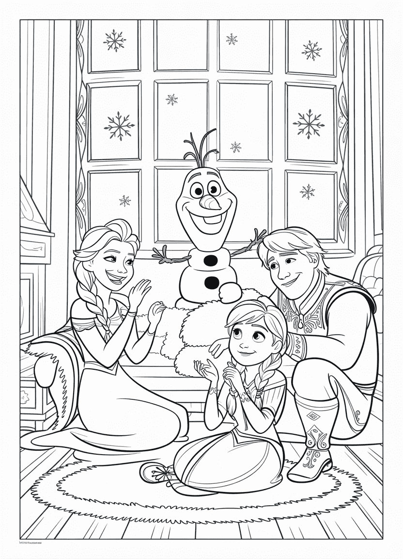 elsa coloring pages of Elsa playing charades with Olaf, Anna, and Kristoff in a cozy Arendelle room