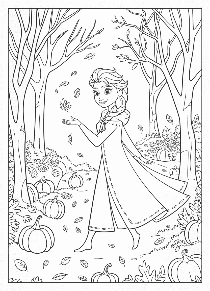 elsa coloring pages of Elsa walking through an autumn forest with falling leaves