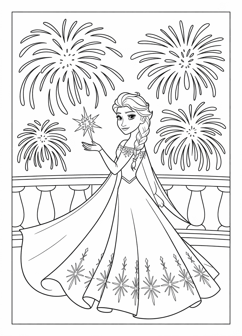 elsa coloring pages of Elsa watching fireworks on New Year’s Eve over Arendelle