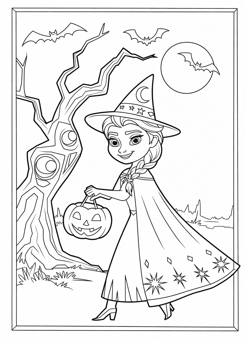 elsa coloring pages of Elsa wearing a witch costume and holding a jack-o’-lantern