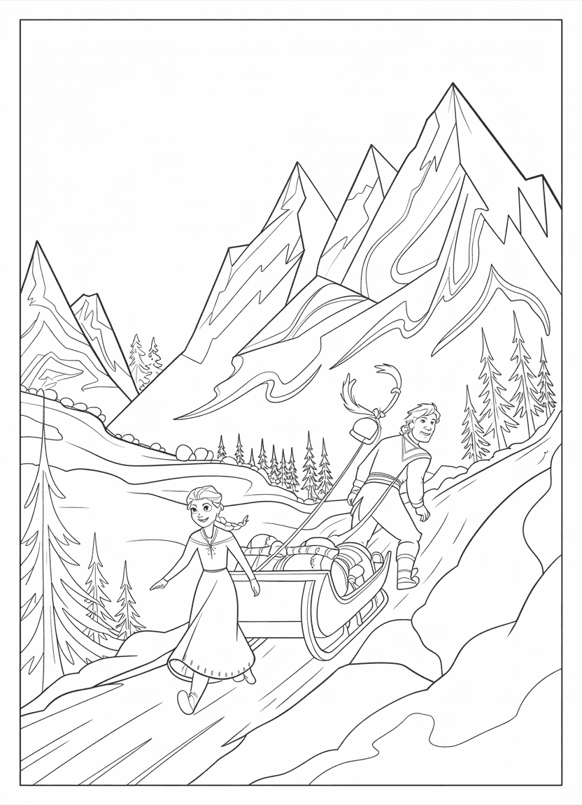 elsa coloring pages showing Elsa and Kristoff hiking through icy mountains with Sven pulling a sleigh