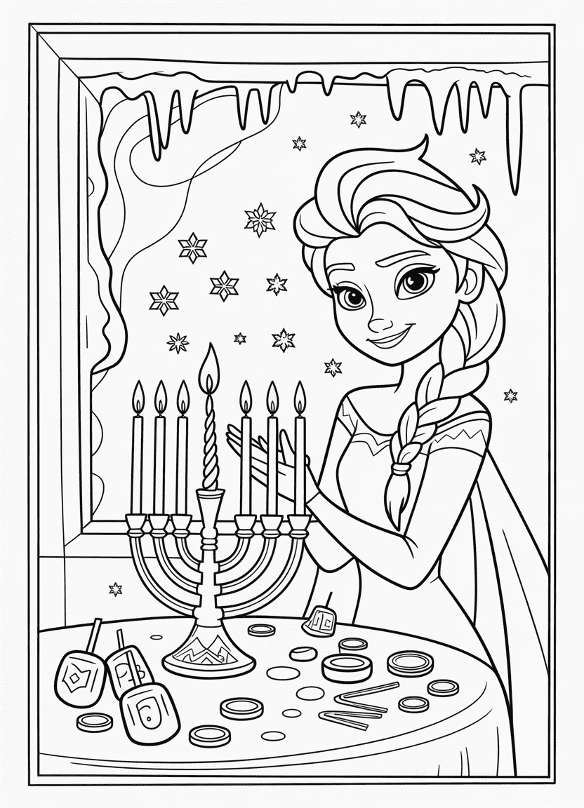 elsa coloring pages showing Elsa lighting Hanukkah candles with magical snowflakes