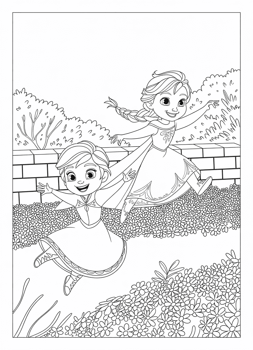 elsa coloring pages showing young Elsa and Anna playing in the royal garden