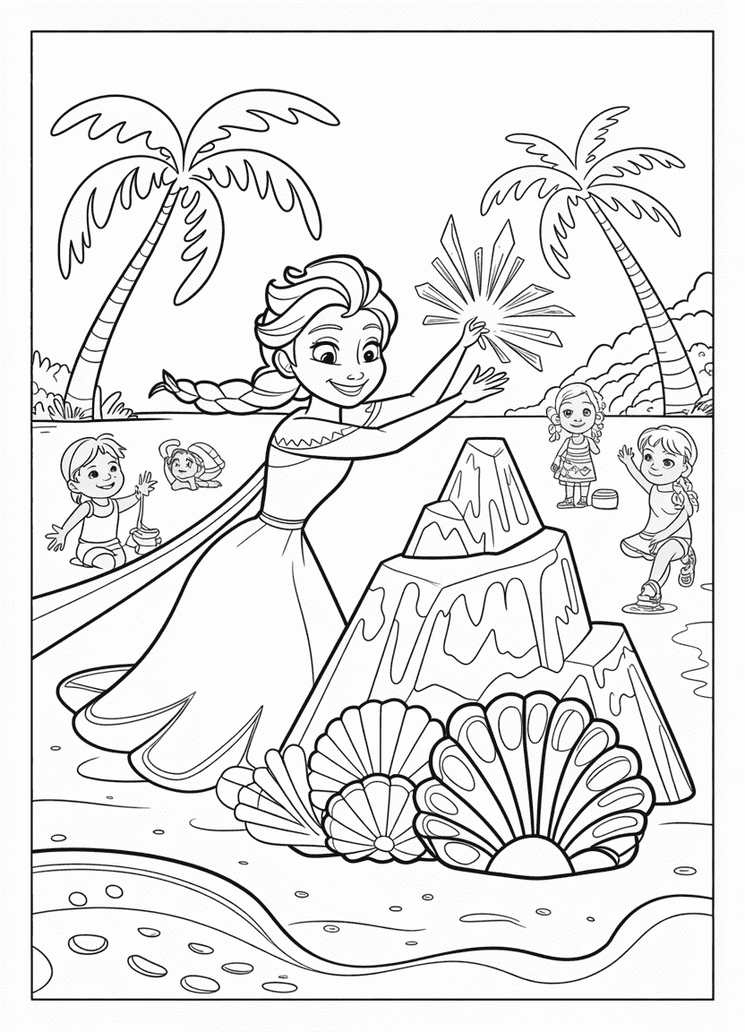  elsa coloring pages with Elsa creating magical ice sculptures on a sunny beach