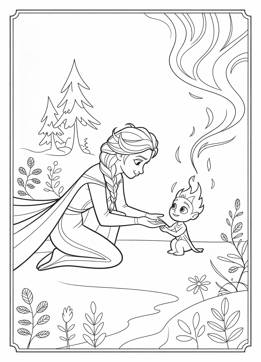 elsa coloring pages with Elsa gently reaching out to Bruni the fire spirit in a snowy forest glade