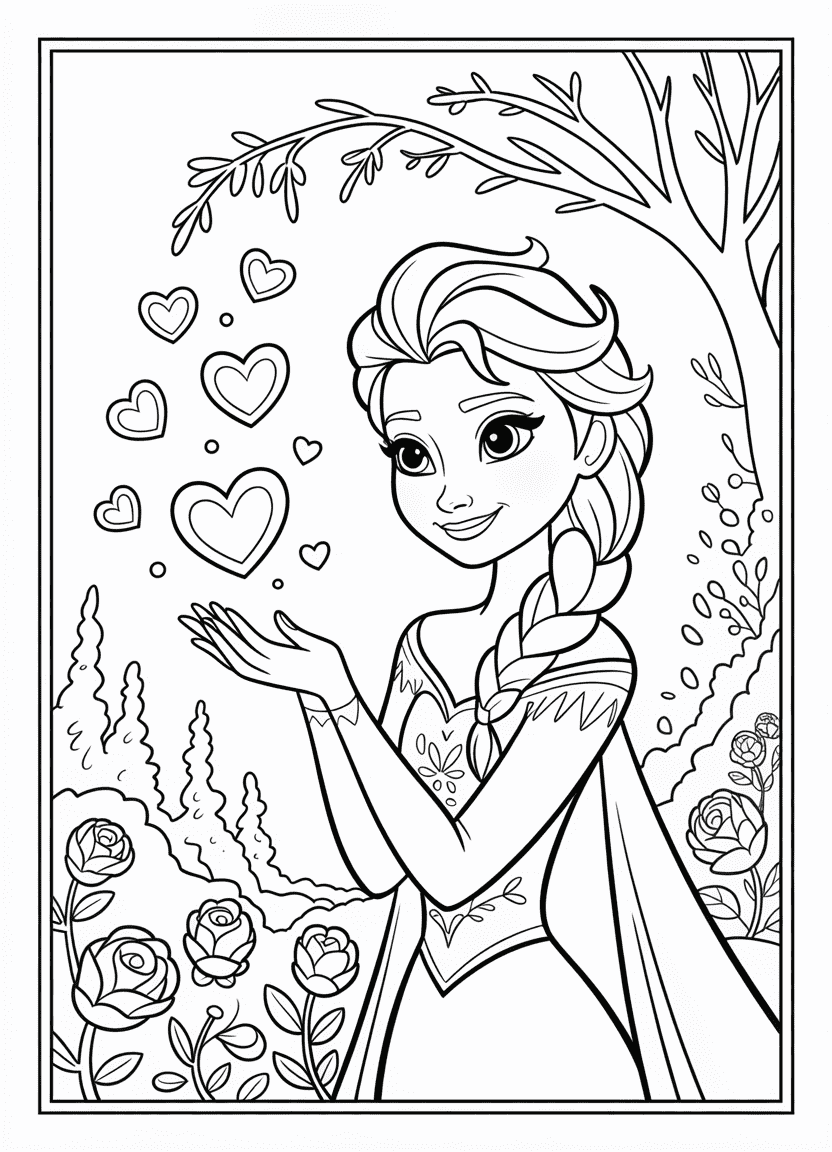 elsa coloring pages with Elsa making heart-shaped snowflakes for Valentine’s Day