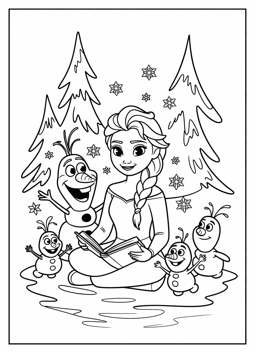 elsa coloring pages with Elsa reading a storybook to Olaf and the Snowgies in a snowy forest