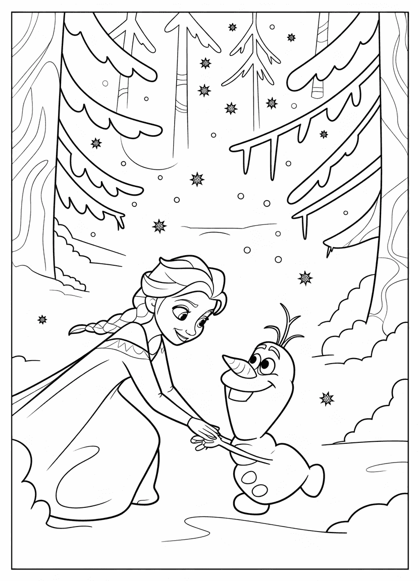 Elsa coloring page showing Elsa meeting Olaf in a snowy forest.