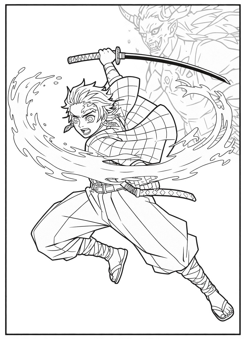 Action scene of Tanjiro fighting a demon using water-breathing sword technique