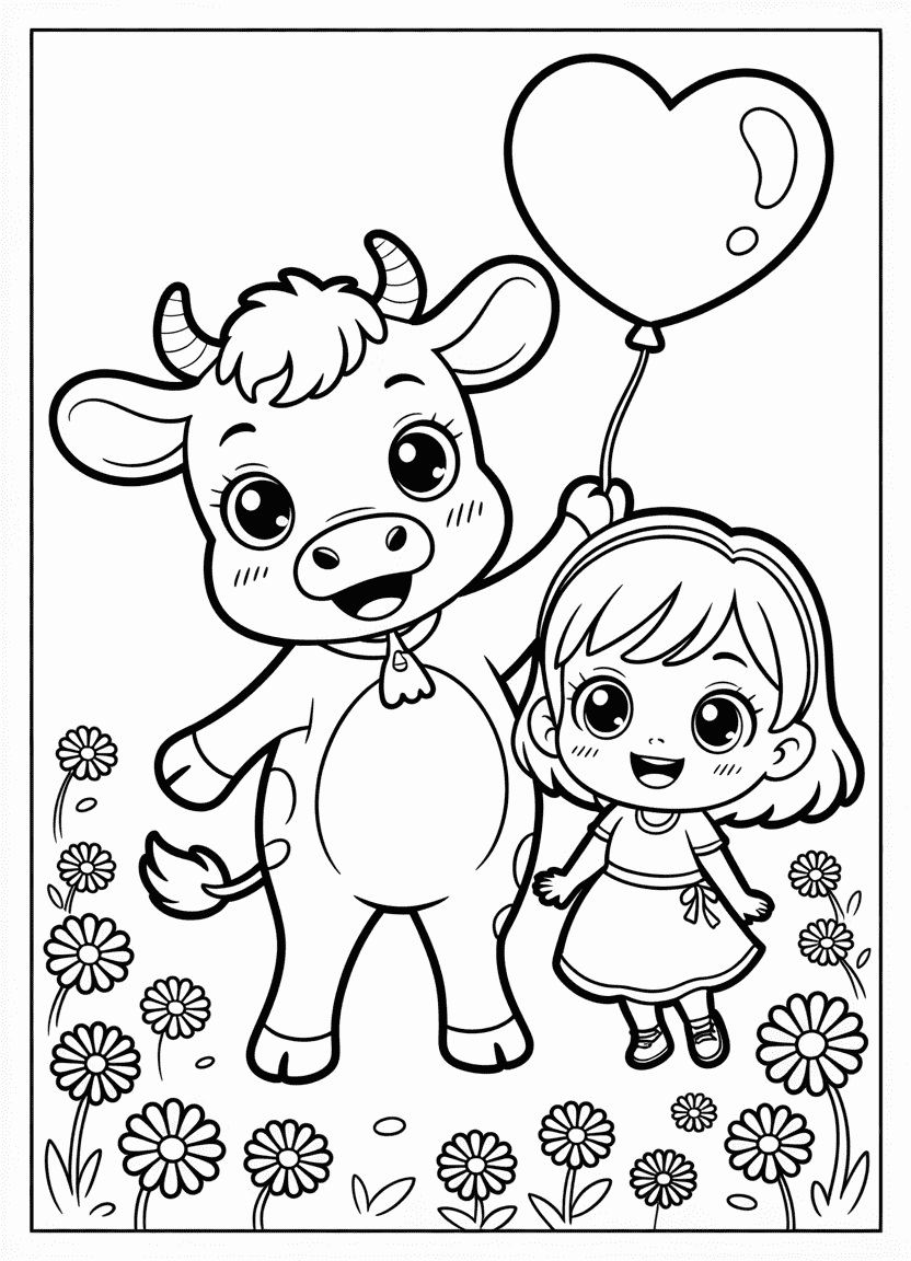 Anime baby cow with balloon next to chibi girl