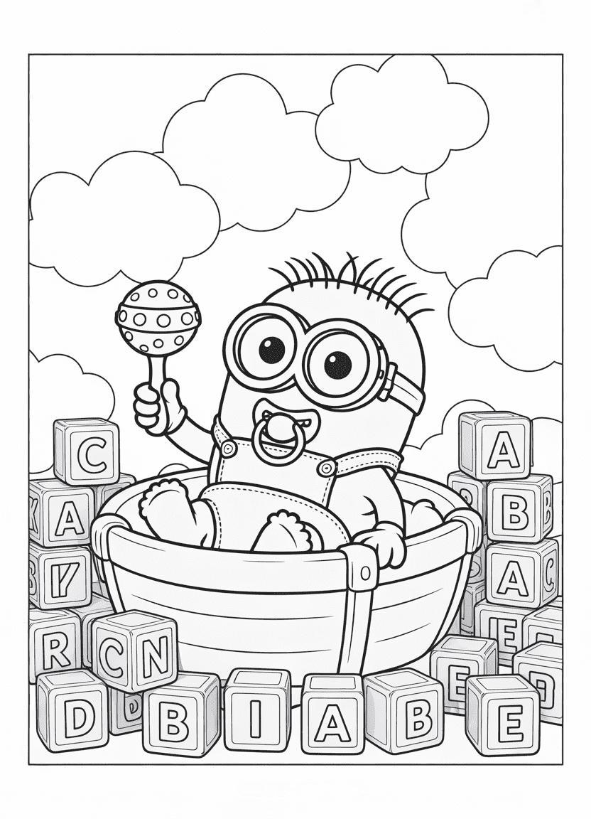 Baby Minion in diaper with pacifier and baby toys