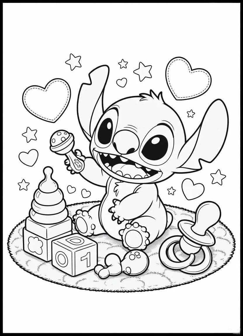 Baby Stitch playing with blocks and a pacifier