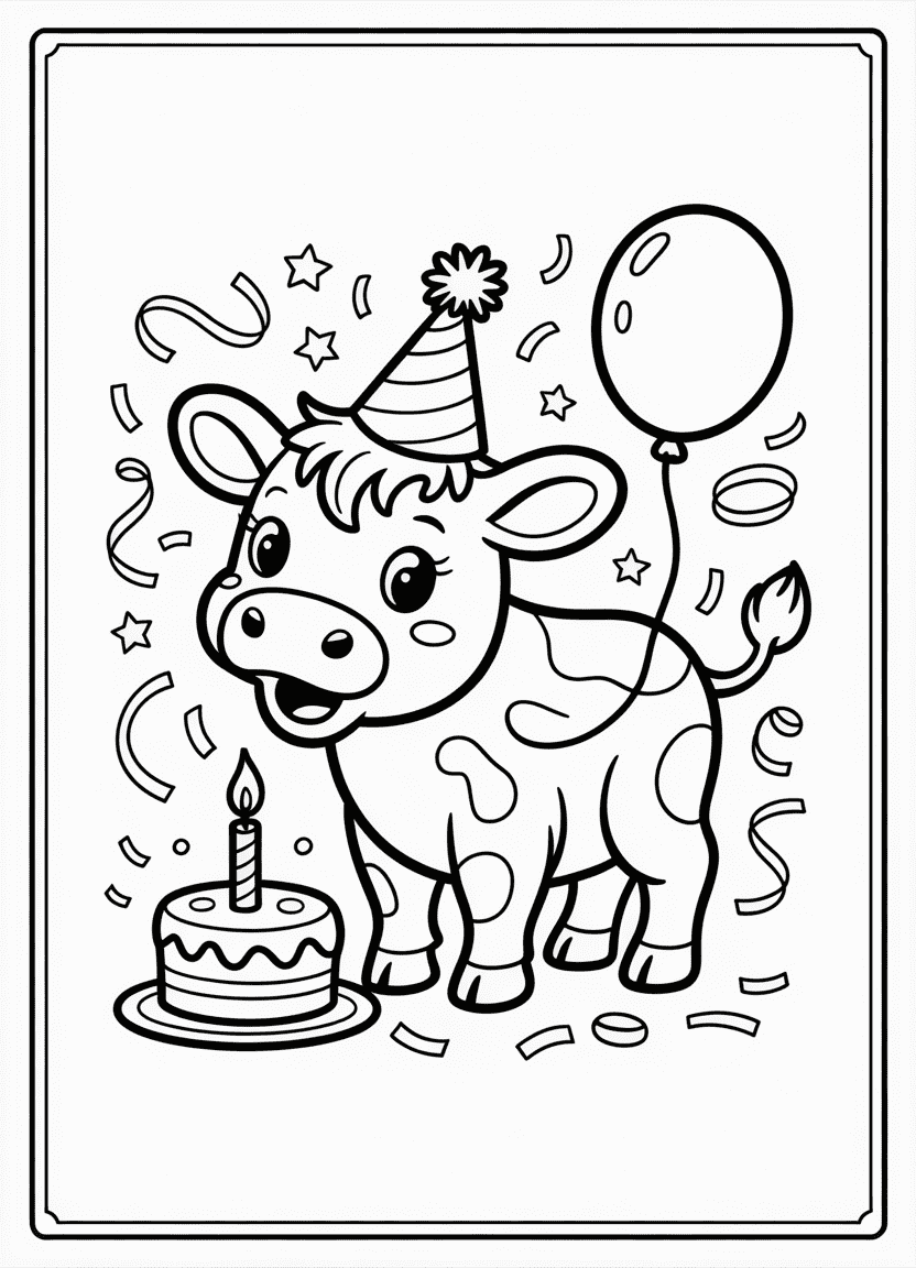 Baby cow celebrating a birthday with balloon and cake