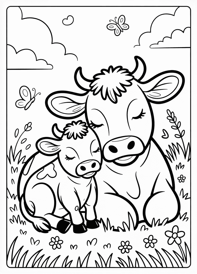 Baby cow cuddling with its mother in a field