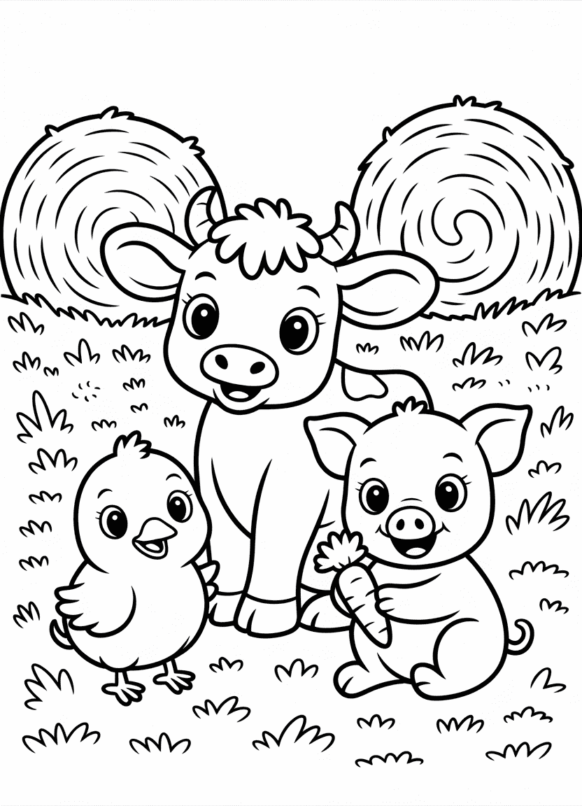 Baby cow playing with chick and piglet on the farm