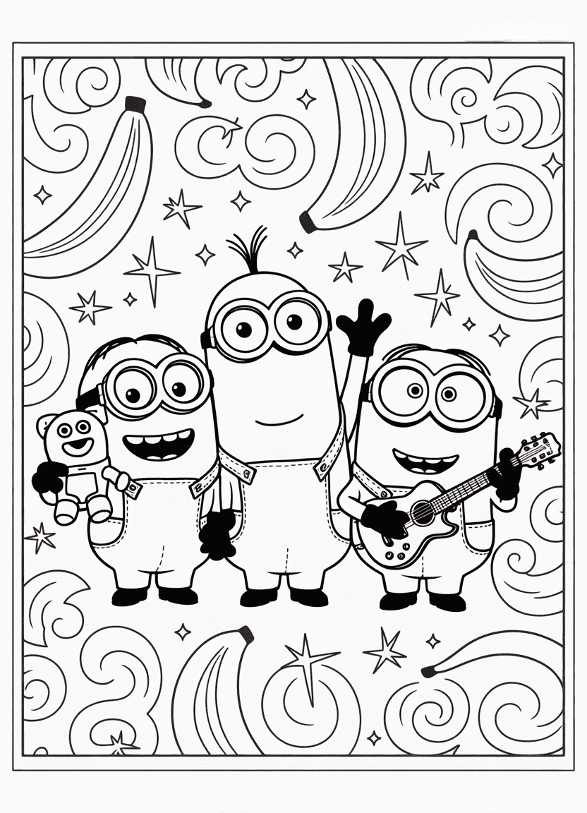Black-and-white coloring page of Bob, Kevin, and Stuart with signature props