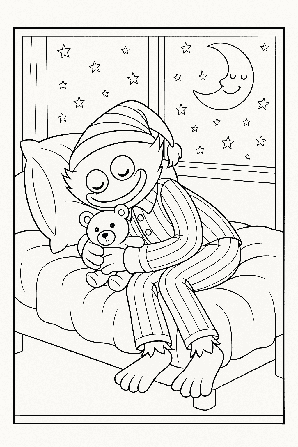 Black-and-white coloring sheet of Huggy Wuggy sleeping in pajamas
