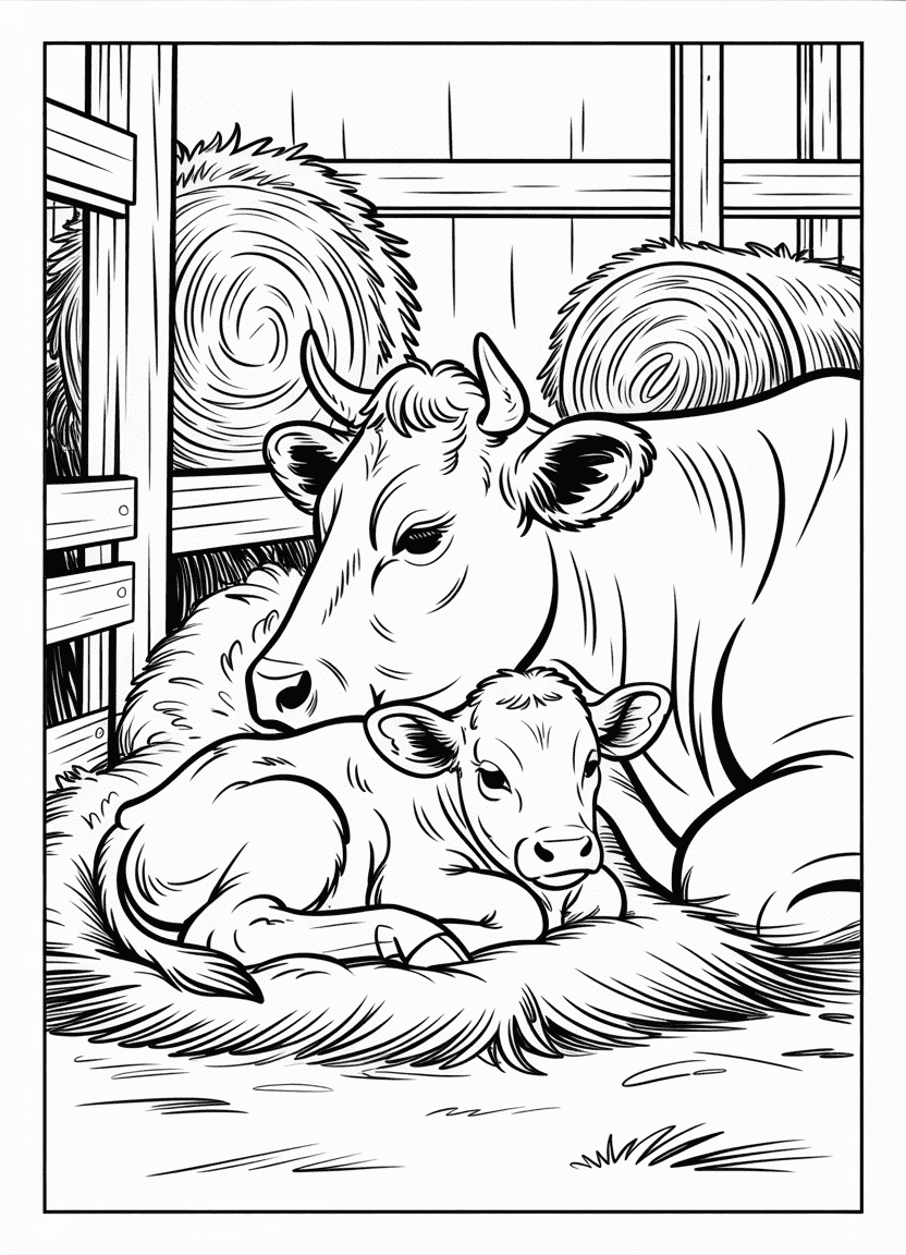 Calf cuddled up next to mother cow