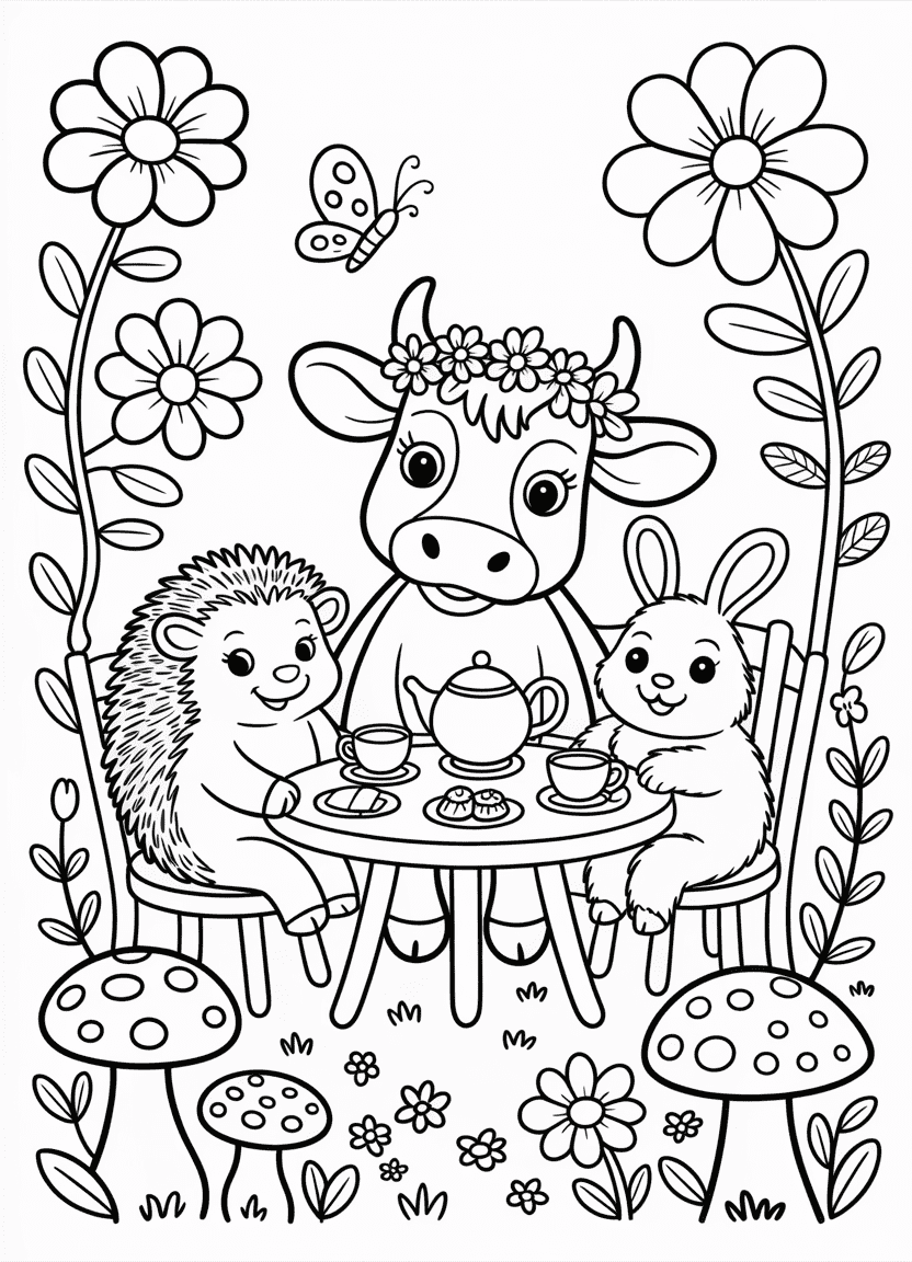 Cartoon cow having tea with animal friends in garden