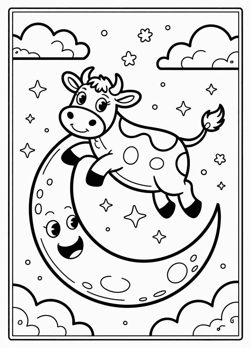 Cartoon cow leaping over the moon at night