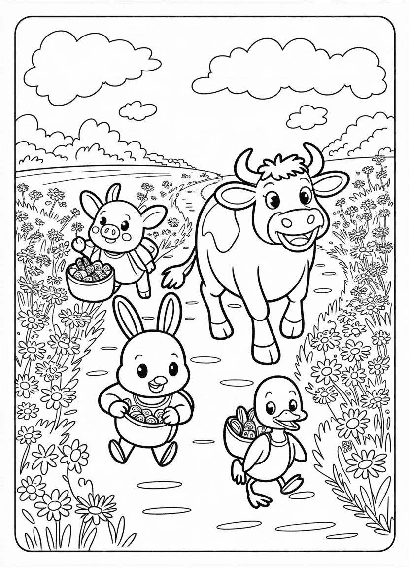 Cartoon cow on an adventure with animal friends