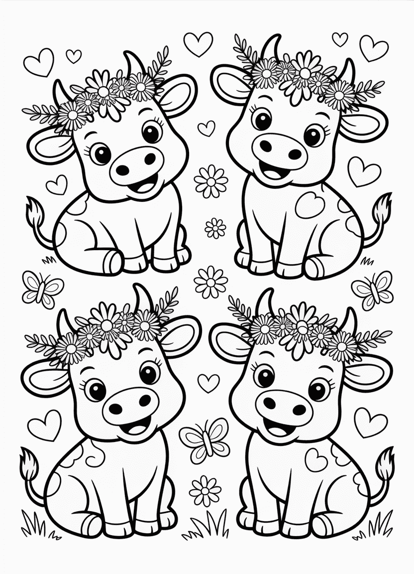 Cartoon cows with flower crowns and bows