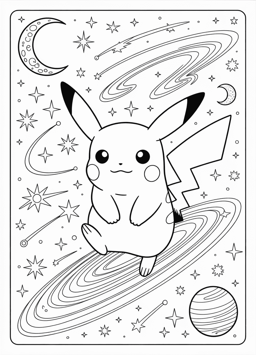 Celestial Pikachu among stars, moons, and galaxies