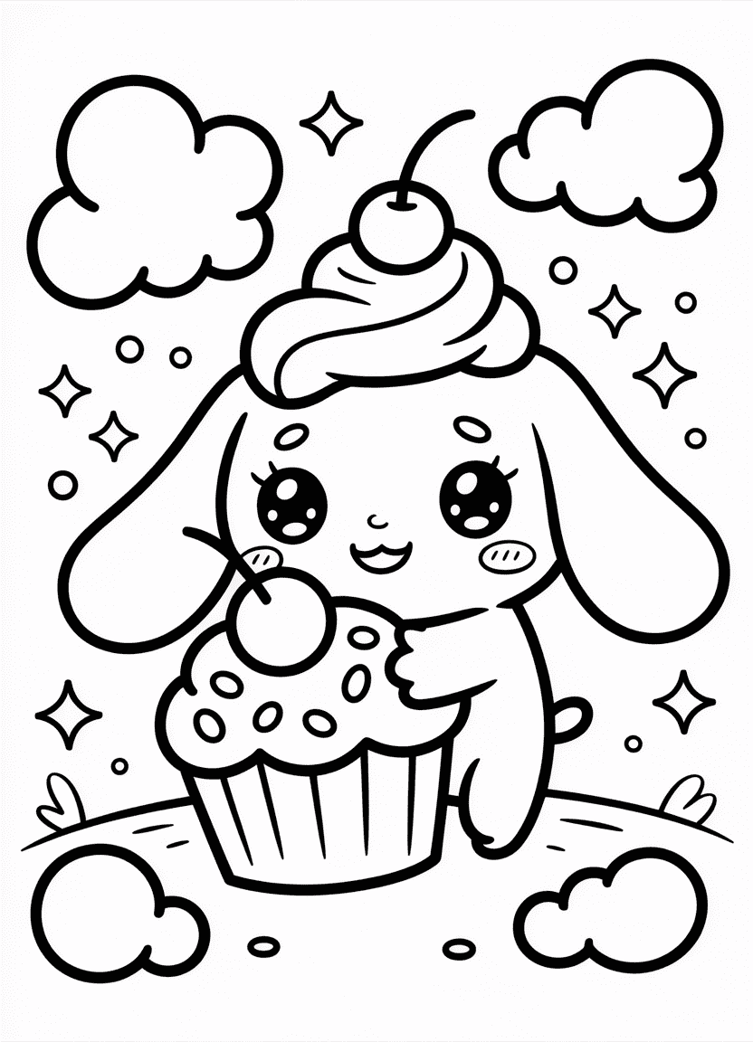 Chibi Cinnamoroll hugging a giant cupcake with sprinkles.