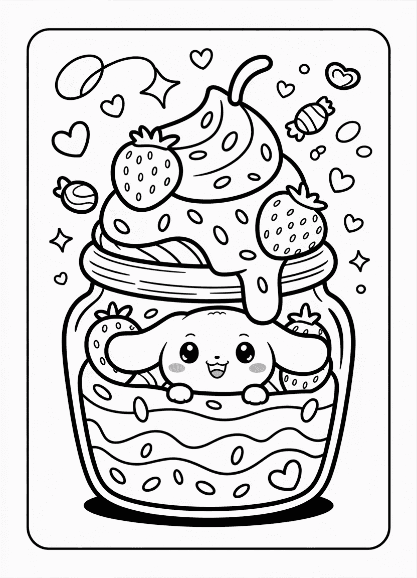 Chibi Cinnamoroll inside a dessert jar with whipped cream and strawberries.