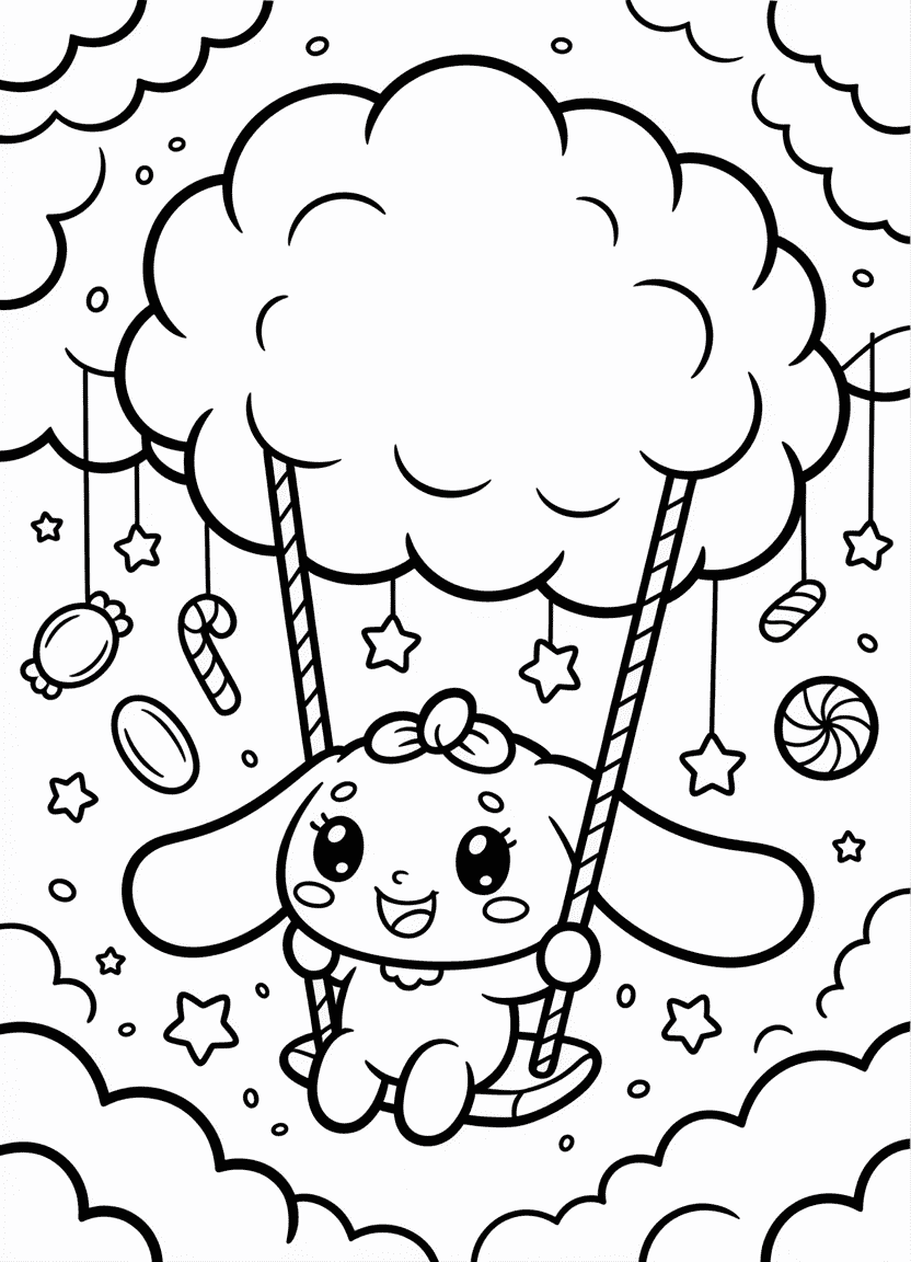 Chibi Cinnamoroll on a cloud swing with candy and stars