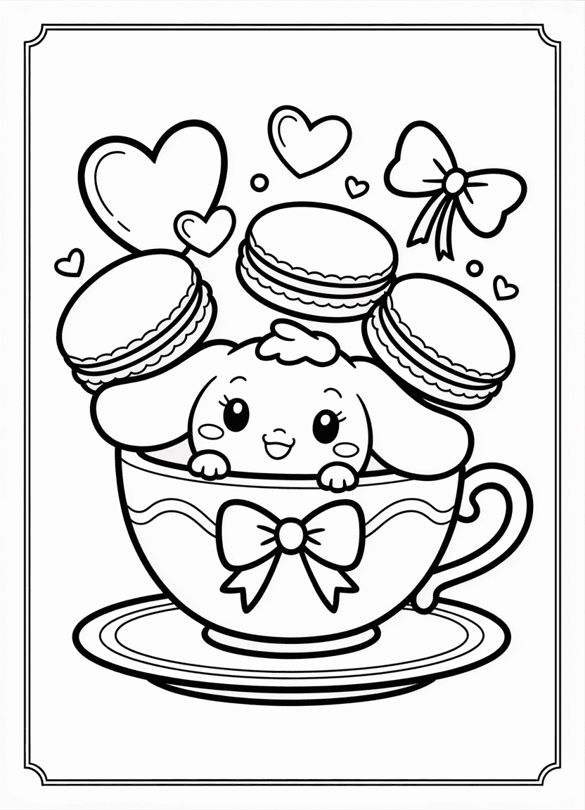 Chibi Cinnamoroll peeking out of a cute teacup with hearts and bows.