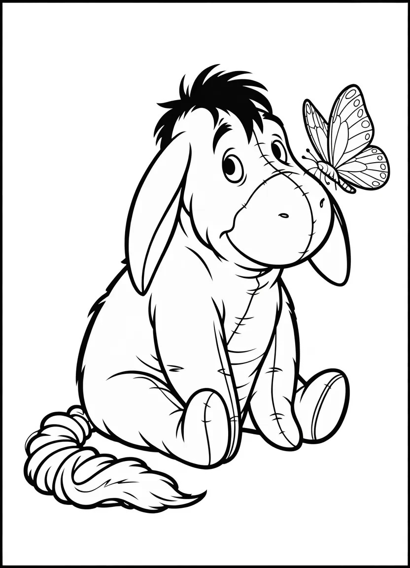 Chibi Eeyore with a bow on his tail and a butterfly on his nose