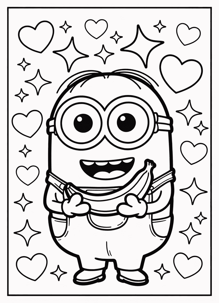 Chibi Minion with big eyes and banana in cartoon kawaii style