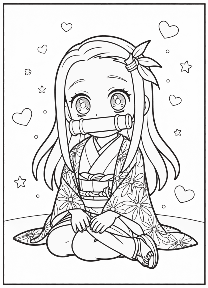 Chibi Nezuko coloring page in seated position with bamboo muzzle