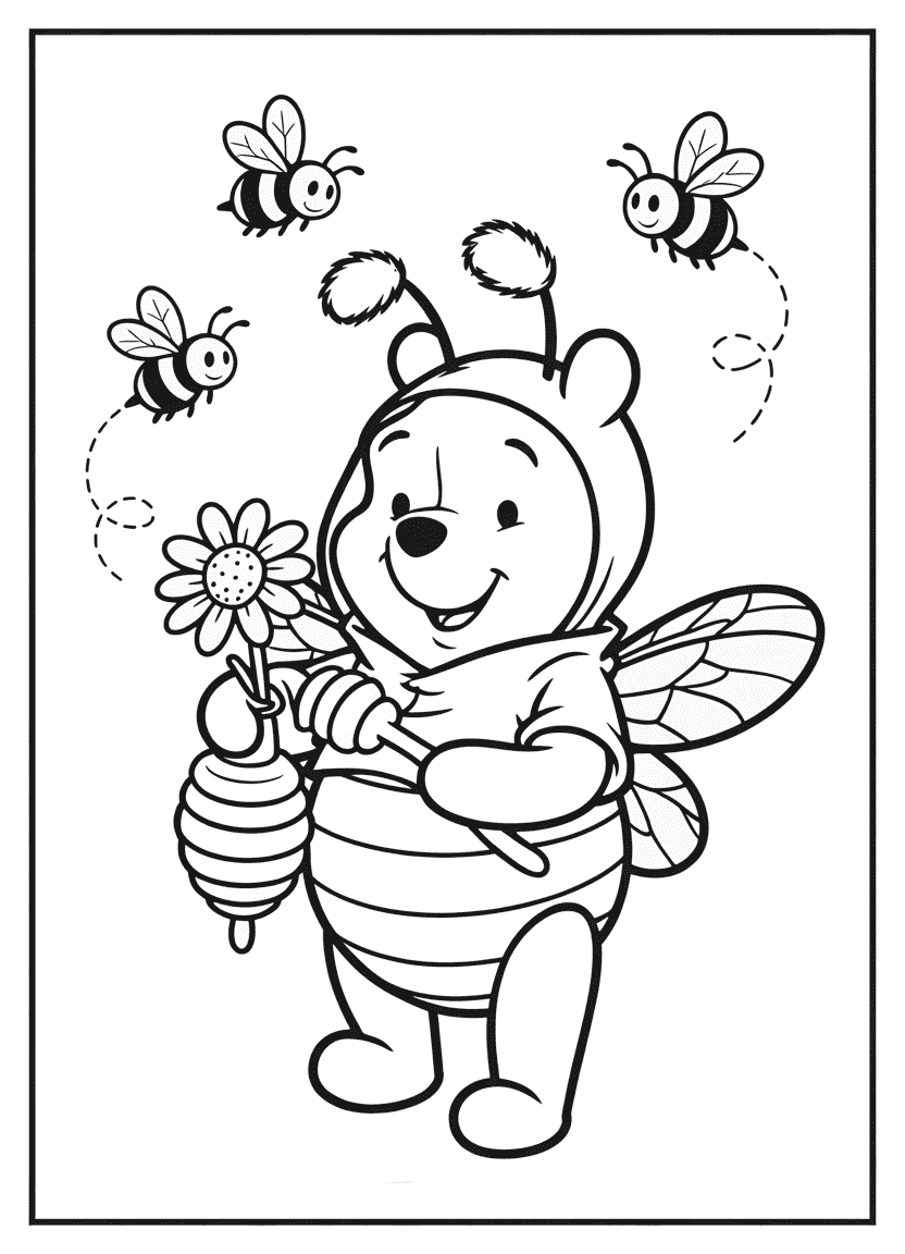 Chibi Pooh Bear in a bee costume holding a flower and honey dipper