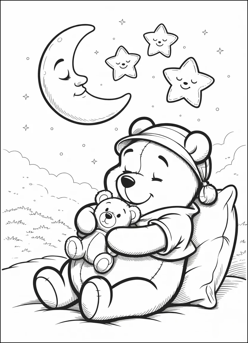 Chibi Pooh Bear sleeping with a teddy bear under a crescent moon