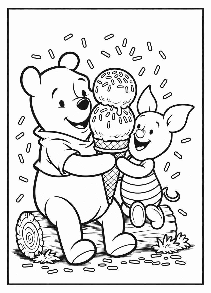 Chibi Pooh and Piglet sharing ice cream with sprinkles in the air