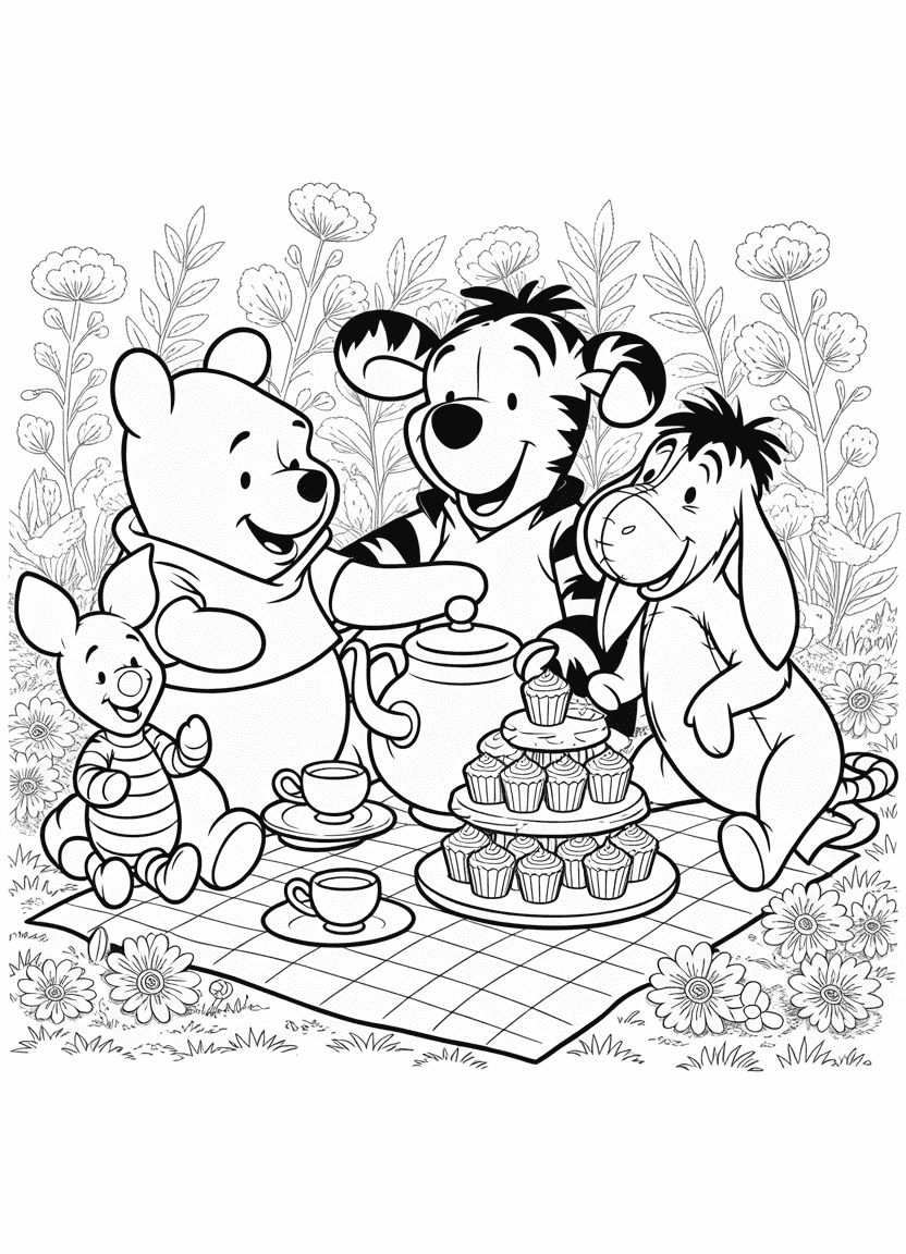 Chibi Pooh and friends having a picnic with tiny teacups and sweets