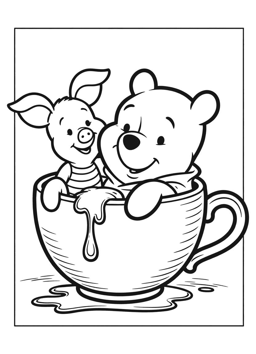 Chibi Pooh sitting in a teacup with honey and Piglet peeking over