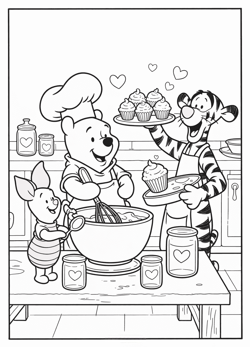Chibi Pooh stirring a bowl in a chef hat, with Piglet, Tigger, and Roo helping in a cute kitchen scene