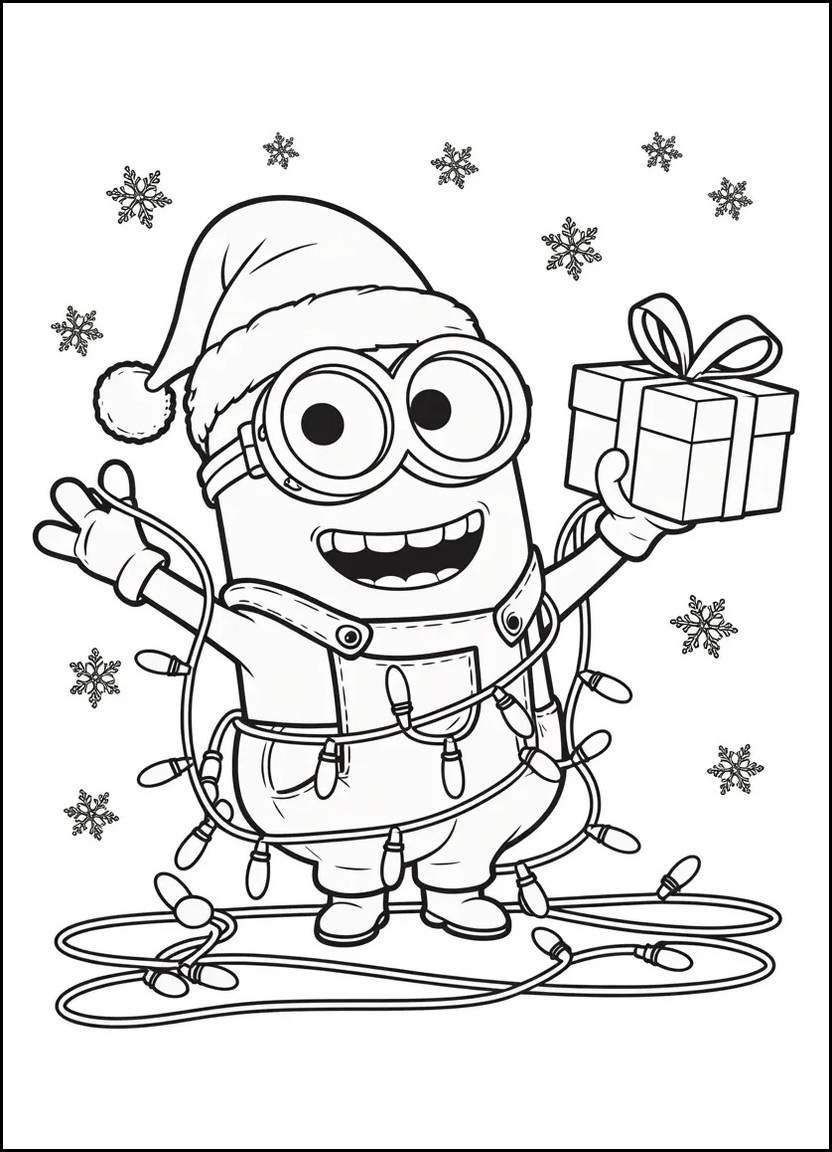 Christmas Minion tangled in lights with present and Santa hat