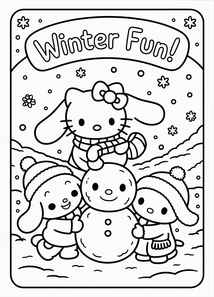 Cinnamoroll, Hello Kitty, and My Melody building a snowman in winter.