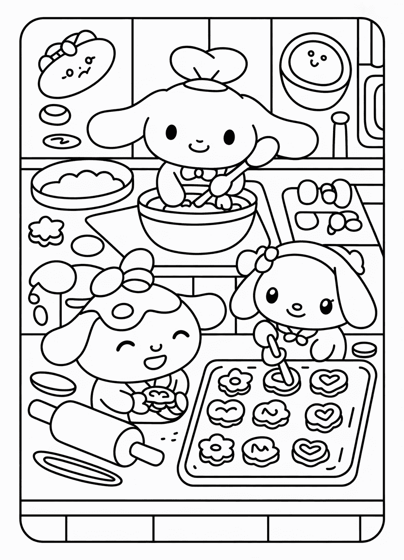 Cinnamoroll, My Melody, and Pompompurin baking cookies together.