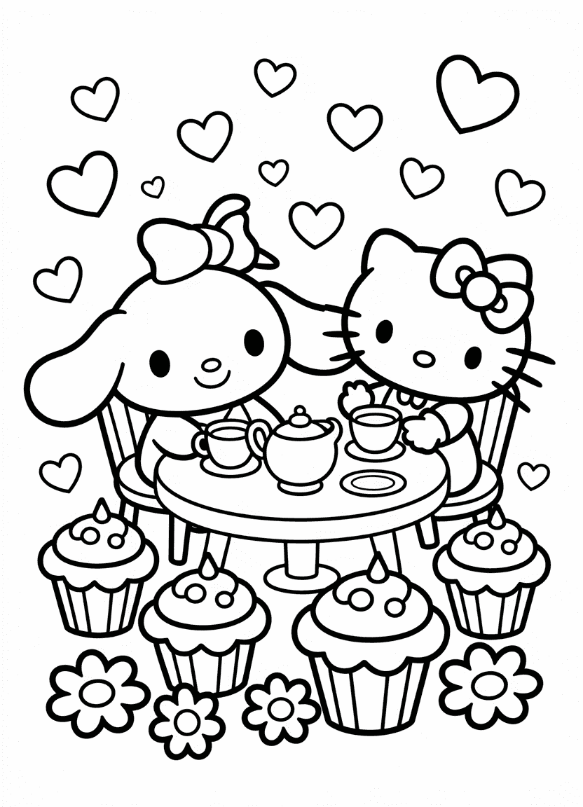 Cinnamoroll and Hello Kitty having a tea party with cupcakes and teacups.