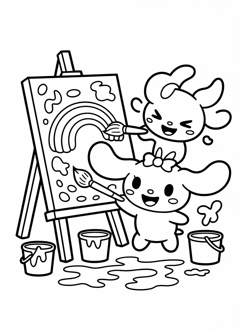 Cinnamoroll and Kuromi painting together with brushes and splashes of paint